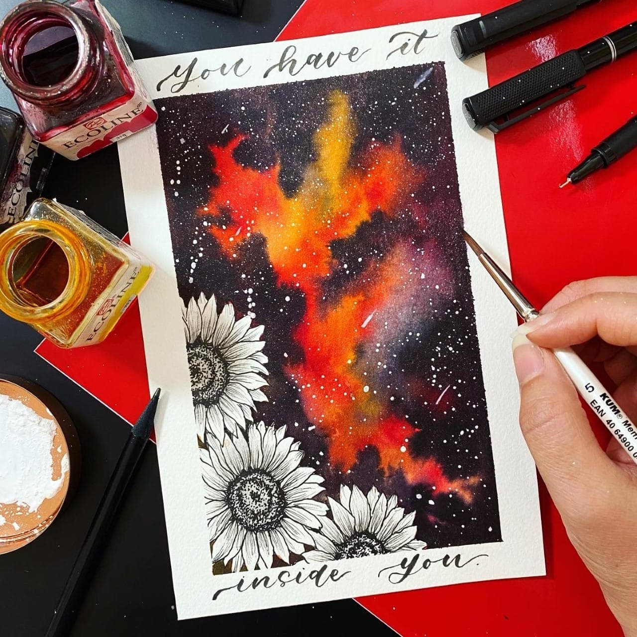 Aquarell-Lettering mit Sonnenblumen und einem Galaxie-Hintergrund