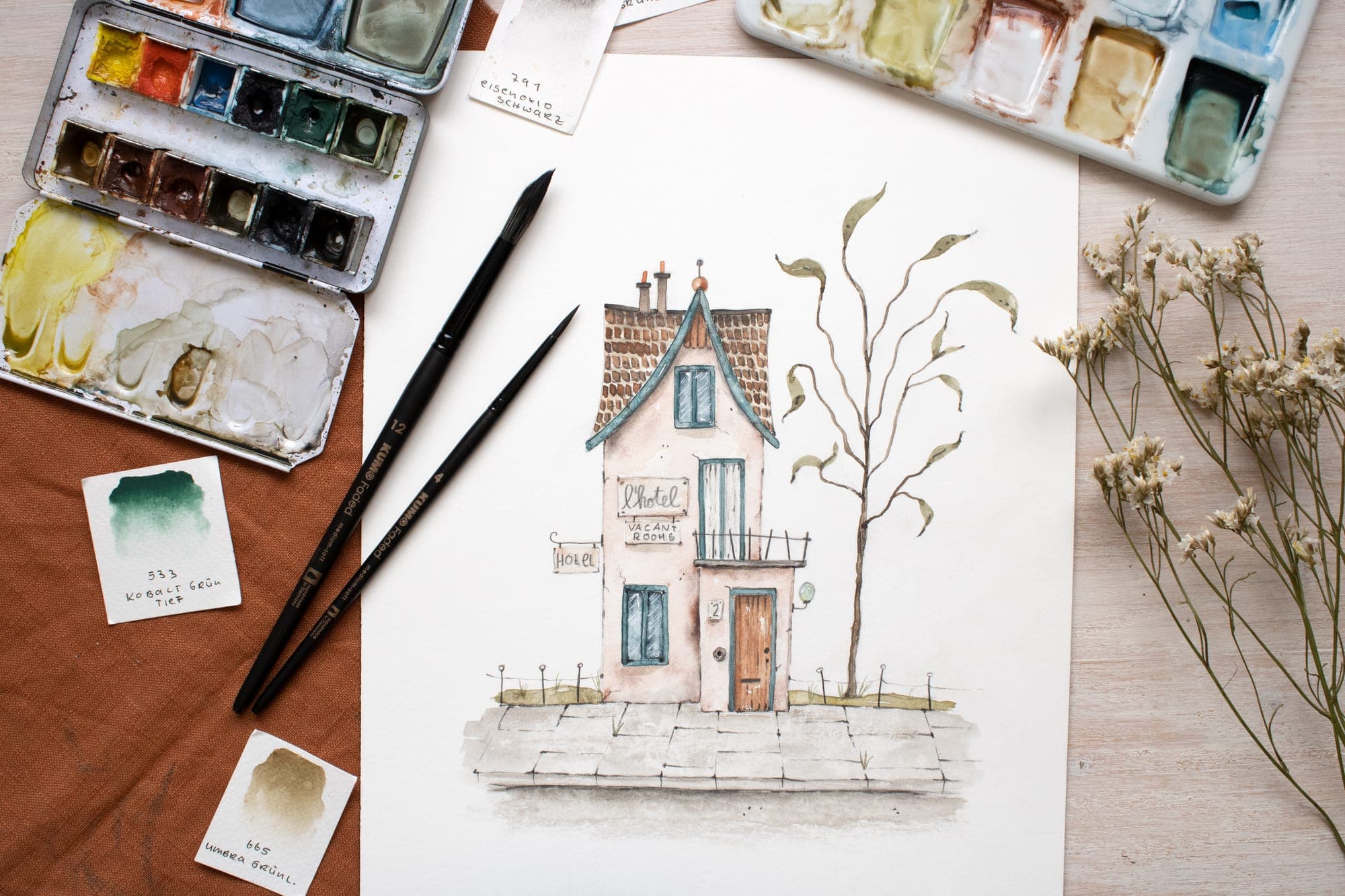 Urban-Watercolor-Illustration eines Hauses mit Baum von Isabella