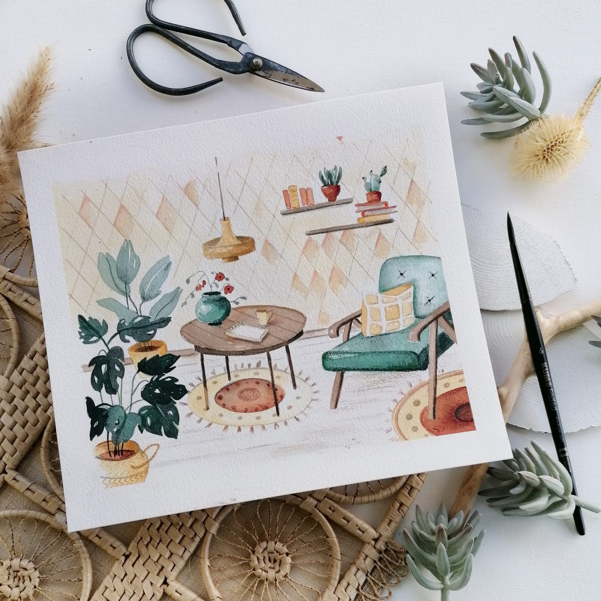 Aquarell eines Wohnzimmers mit Sessel und Pflanzen von Kerstin