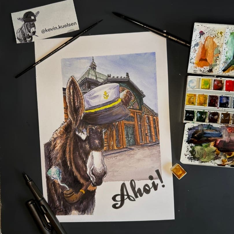 Aquarell eines Esels mit Kapitänsmütze vor einer Hamburger Halle, Schriftzug Ahoi