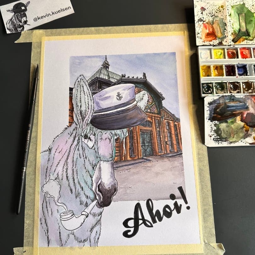 Zwischenstand 5 des Esel-Aquarells